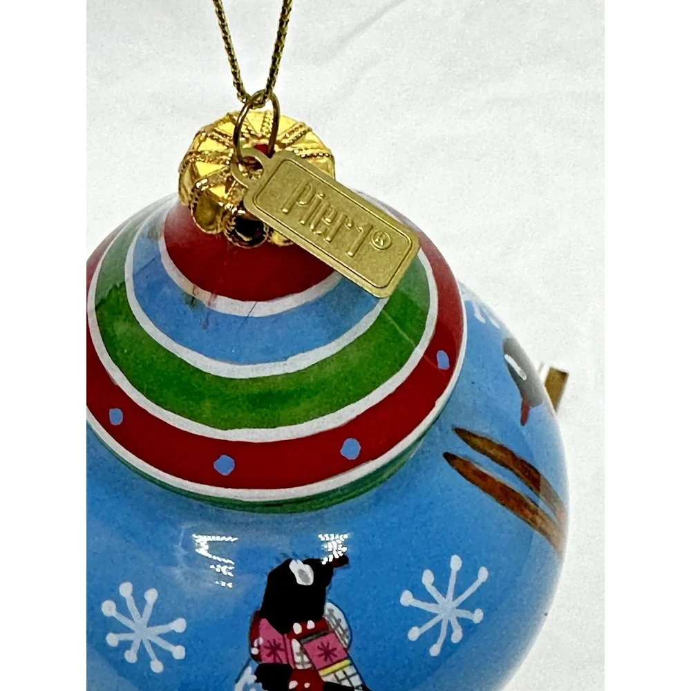 Pier 1 Le Bien Glass Ornament Reverse hand Painted Penguin Tree 2017 Teardrop